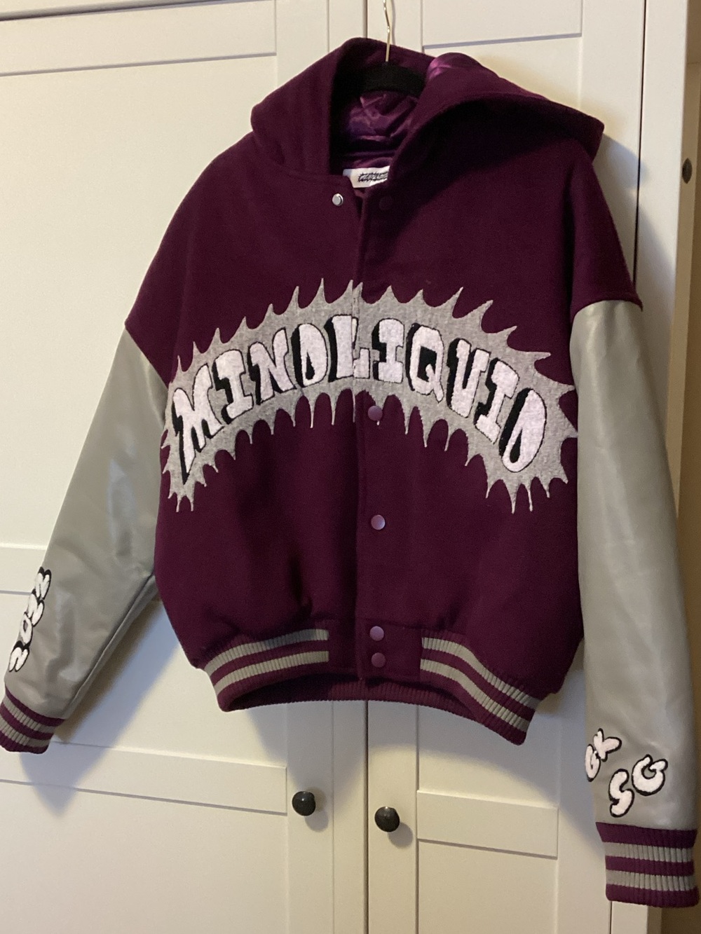 Plum and Gray Hooded Varsity Jacket with Graphic